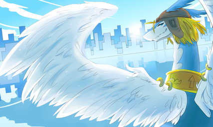 anthro aviator_cap blonde_hair blue_eyes city feathered_wings feathers furgonomic_piercing furgonomics hair jewelry kemono light looking_at_viewer looking_back male necklace outside piercing simple_background sky skyline solo sunlight wing_piercing wings hankenyouroutou legendz mythology shiron dragon mythological_creature mythological_scalie scalie windragon 2014 5:3 bust_portrait digital_media_(artwork) portrait