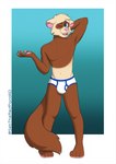 anthro barefoot blue_eyes blue_seam_briefs blue_seam_underwear blue_waistband briefs briefs_only brown_body brown_fur bulge clothed clothing colored_seam_briefs colored_seam_underwear detailed_background feet fur hand_behind_head looking_at_viewer male navel one_eye_closed open_mouth open_smile pink_nose shy simple_background skinny smile solo standing tan_body tan_fur teeth_showing tighty_whities tongue_showing topless two_tone_briefs underwear underwear_only white_body white_briefs white_clothing white_fur white_underwear sebtheredpanda dook_ferret domestic_ferret mammal mustelid musteline true_musteline weasel hi_res signature