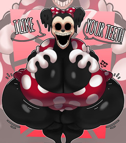 anthro big_breasts black_body breasts clothing creepy creepy_face creepy_smile dress empty_eyes female gloves handwear huge_breasts smile solo text thick_thighs crowundeadcat disney five_nights_at_treasure_island impurity_(fnati) minnie_mouse mammal mouse murid murine rodent english_text hi_res