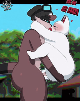 ambiguous_penetration anthro anthro_on_anthro anthro_penetrated anthro_penetrating anthro_penetrating_anthro balls beanie big_balls big_butt big_penis black_body black_clothing black_eyes black_fur black_hat black_headwear blue_eyes blush breast_squish breasts butt carrying_another clothing duo eye_contact eyewear eyewear_on_head female female_penetrated french_kissing fur genitals goggles goggles_on_head grey_body grey_fur grey_penis hat headgear headwear heart_symbol huge_balls huge_butt huge_penis huge_thighs interspecies kissing looking_at_another male male/female male_penetrating male_penetrating_female penetration penile penile_penetration penis red_inner_ear sex shortstack side_view sound_effects squish stand_and_carry_position standing standing_sex tail thick_thighs tongue tongue_out whiskers white_body white_fur dekoude dandadan turbo_granny_(dandadan) domestic_cat felid feline felis mammal procyonid raccoon 2026 2d_animation animated hi_res short_playtime sound video