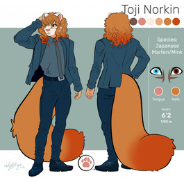 accessory anthro belt belt_buckle black_belt blue_bottomwear blue_clothing blue_pants blue_suit_jacket bottomwear buckle clothing collared_shirt curly_hair dipstick_tail dress_pants dress_shirt fur hair hair_over_eye hand_in_hair heterochromia male markings necktie orange_body orange_fur orange_hair orange_tail pants red_tail_tip shirt solo standing tail tail_markings topwear touching_hair white_face nightargen toji_norkin american_mink gulonine hybrid japanese_marten mammal marten mink mustelid musteline neovison true_musteline hi_res model_sheet