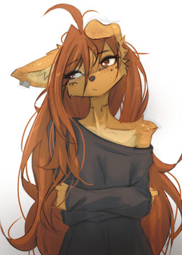 5_fingers anthro biped breasts brown_eyes brown_hair clothed clothed_anthro clothed_female clothing countershade_torso countershading ear_piercing female fingers front_view fur hair inner_ear_fluff piercing simple_background small_breasts solo tan_body tan_fur tattoo topwear tuft white_background tinygaypirate apogee_(tinygaypirate) canid canine canis domestic_dog mammal 2025 hi_res