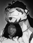 anthro duo female hair male scar thechamba dazen_(character) felid human mammal pantherine tiger 2013 greyscale hi_res monochrome