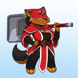 anthro belt blindfold breasts chibi cleavage clothed clothing female fur hammer hand_on_hip mask maul sensory_deprivation smile solo tools infinitedge dama_melodia canid mammal absurd_res hi_res