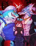 abs angry anthro brown_hair clenched_teeth clipboard clothing covering covering_mouth covering_own_mouth covering_self group hair holding_clipboard holding_object iconography male muscular muscular_anthro muscular_male overalls pecs scar teeth trio white_hair tetsu_(pixiv) lifewonders live_a_hero mythology hydoor isaribi dragon fish human mammal marine mythological_creature mythological_scalie scalie shark absurd_res hi_res