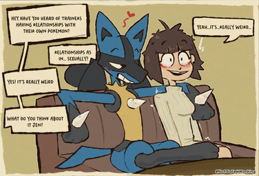 3_fingers anthro arm_around_neck blue_body blush clothing dialogue duo female fingers fur furniture half-closed_eyes heart_symbol male male/female narrowed_eyes shaking sitting sofa speech_bubble sweater text topwear notsafeforwanking nintendo pokemon canid canine generation_4_pokemon human lucario mammal pokemon_(species) absurd_res english_text hi_res