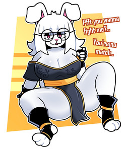 anthro black_clothing blep clothing dialogue eyewear female fighting_game fur gesture glasses hand_gesture paws pointing pointing_at_viewer rabbit_ears solo spread_legs spreading tongue tongue_out white_body white_fur lornalla bnuyu_(lornalla) lagomorph leporid mammal rabbit hi_res
