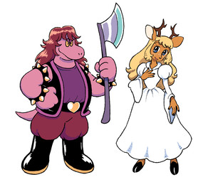ambiguous_gender anthro antlers axe biped black_boots black_clothing black_footwear black_topwear black_vest blonde_hair blue_eyes boots bracelet closed_smile clothed clothed_anthro clothing dress duo eyelashes footwear freckles fur hair holding_axe holding_object horn jewelry lineup mouth_closed open_mouth open_smile pink_body pink_scales red_hair scales shoes simple_background smile spiked_bracelet spikes standing style_emulation tan_body tan_fur topwear vest white_background white_clothing white_dress yellow_sclera hellspawnmotel deltarune osamu_tezuka undertale_(series) noelle_holiday susie_(deltarune) deer mammal new_world_deer reindeer reptile scalie 2024 digital_drawing_(artwork) digital_media_(artwork) english_description full-length_portrait portrait female_(lore)