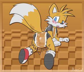 all_fours anthro blue_eyes bodysuit clothing feces fur latex latex_bodysuit latex_clothing latex_skinsuit male orange_bodysuit orange_clothing orange_skinsuit pooping simple_background skinsuit soiled soiling solo tight_clothing toony yellow_body yellow_fur young young_anthro young_male ritzcat sega sonic_the_hedgehog_(series) miles_prower canid canine fox mammal hi_res
