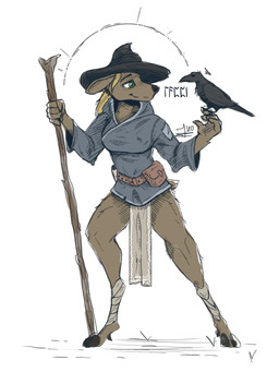 anthro barefoot beak belt belt_buckle belt_pouch black_body black_feathers blonde_hair buckle clothing duo ears_down eyebrows feathers feet female feral fur green_eyes hair hat headgear headwear hooves pivoted_ears stick tail tail_feathers wearing_hat mawkvlt avian bird corvid corvus_(genus) crow deer mammal oscine passerine 3:4 hi_res