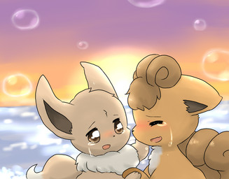 ambiguous_gender blush bodily_fluids brown_body brown_eyes brown_fur bubble crying detailed_background duo eyes_closed feral fur horizon multi_tail open_mouth outside sea seascape sky smile sun tail tears water watabosi nintendo pokemon canid canine eevee generation_1_pokemon mammal pokemon_(species) vulpix