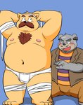 anthro belly big_belly blush bottomwear bulge clothing costume duo facial_hair grey_body halloween_costume holidays humanoid_hands kemono male male/male mature_male moobs mustache navel nipples overweight overweight_male pants shirt sitting topwear underwear bullbluedog halloween bear mammal 2022 hi_res