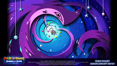 ambiguous_gender black_sclera buckteeth copyright_symbol duo featureless_limbs grey_body grey_skin larger_ambiguous light long_ears noseless open_mouth purple_body red_tongue size_difference smaller_ambiguous space sparkles symbol tan_inner_ear teeth text title tongue white_eyes year fabio_pochet mario_bros mario_plus_rabbids_sparks_of_hope nintendo raving_rabbids rayman_(series) ubisoft cursa_(mario_plus_rabbids) celestial_being spark_(mario_plus_rabbids) 16:9 2022 4k absurd_res artist_name colored crossover digital_drawing_(artwork) digital_media_(artwork) english_description english_text hi_res lighting lineless official_art shaded widescreen female_(lore)