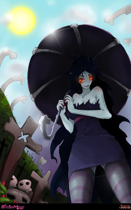 alternative_fashion black_clothing black_dress black_hair bone cemetery clothing colored_nails dress female footwear goth grey_body grey_skin hair hedge legwear light long_hair nails not_furry plant red_eyes red_nail_polish red_nails shrub skull socks solo stockings sunlight tombstone umbrella slugbox adventure_time cartoon_network marceline_abadeer demon half_demon human humanoid mammal undead vampire grandfathered_content