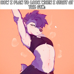 after_exercise anthro blue_body blue_fur bodily_fluids bottomwear caption clothed clothing crop_top femboy fur hair male midriff navel shirt simple_background solo stretching stretching_arms sweat sweaty_body tail text topwear white_body white_fur lazylynxboy lazylynxboy_(character) felid feline lynx mammal digital_media_(artwork) english_text