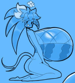 big_breasts blue_background bottomless breasts butt cleavage clothed clothing eyelashes female fishnet_clothing fishnet_topwear flower for_a_head hair huge_breasts hyper hyper_breasts kneeling leaf leaf_hair long_hair long_tail open_mouth open_smile plant plant_hair plant_pot pseudo_hair simple_background simple_eyes simple_face sitting slim smile solo tail topwear tube_top angstrom blaster_master kanna_(blaster_master) elemental_creature flora_fauna object_head 2026 digital_media_(artwork)