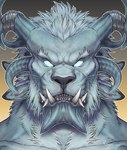 fur horn looking_at_viewer open_mouth simple_background solo teeth tongue whiskers rogueliger guild_wars barduk_slateshatter charr felid mammal 2022 bust_portrait digital_media_(artwork) portrait