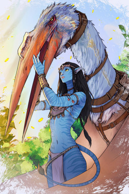 ambiguous_gender armlet beak black_hair blue_body bottomwear breasts circlet clothing duo eyelashes female feral hair loincloth navel small_breasts striped_body stripes tail tail_tuft tuft yoracrab james_cameron's_avatar neytiri alien alien_humanoid azhdarchid humanoid na'vi prehistoric_species pterosaur quetzalcoatlus reptile scalie 2026 absurd_res hi_res