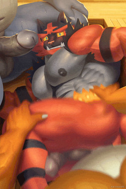anal anal_penetration anthro anthro_on_anthro anthro_penetrated anthro_penetrating anthro_penetrating_anthro anus balls biceps big_glans black_body black_fur blush bodily_fluids bouncing_pecs circumcised erection fur genital_fluids genitals glans group group_sex humanoid_genitalia humanoid_penis male male/male male_penetrated male_penetrating male_penetrating_male montgomery_glands muscular muscular_anthro muscular_male nude pecs penetration penile penile_penetration penis penis_in_ass precum red_body red_fur sauna sex sweat sweatdrop threesome vein veiny_muscles veiny_penis yellow_eyes raccoon21 nintendo pokemon blastoise charizard generation_1_pokemon generation_7_pokemon incineroar pokemon_(species) 2026 2:3 2d_animation animated