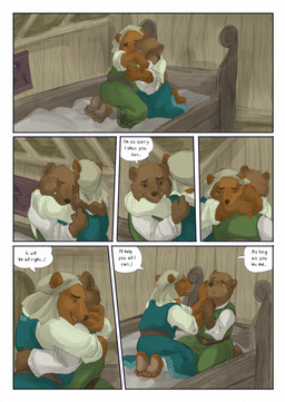 anthro biped bodily_fluids brown_body brown_fur clothed clothing crying dialogue dialogue_box duo eyes_closed female fur hug inside open_mouth scar speech_bubble tears text bjekkergauken hillevi nanna_(bjekkergauken) bear brown_bear mammal ursine 2025 colored comic english_text hi_res