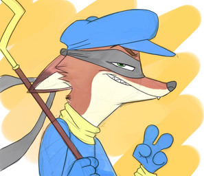 anthro clothed clothing crook flat_cap fur gesture hand_gesture hat headgear headwear holding_object looking_aside looking_at_viewer male side_view solo v_sign charliebarkinq disney sly_cooper_(series) sony_corporation sony_interactive_entertainment sucker_punch_productions zootopia nick_wilde sly_cooper canid canine fox mammal red_fox true_fox 2017 alternate_version_at_source bust_portrait crossover portrait