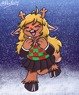 2_toes ahoge anthro antlers blonde_hair bottomwear buckteeth checkered checkered_clothing clothing cloven_hooves deer_ears ears_down eyes_closed feet female fist freckled_face freckled_tail freckles hair hooves horn open_mouth open_smile pattern_clothing pivoted_ears raised_leg red_nose short_tail skirt smile snow solo sweater tail tail_tuft teeth toes tongue topwear tuft psykwol deltarune undertale_(series) noelle_holiday deer mammal 5:6 hi_res
