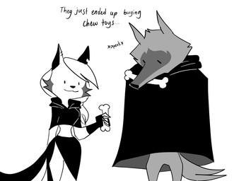 anthro bone clothing duo female fur hair holding_object long_tail male onomatopoeia ponytail robe simple_background sound_effects standing tail text emositecc dreamworks hellaverse helluva_boss mythology puss_in_boots_(franchise) death_(puss_in_boots) loona_(helluva_boss) canid canid_demon canine canis demon hellhound mammal mythological_canine mythological_creature wolf english_text hi_res lol_comments monochrome
