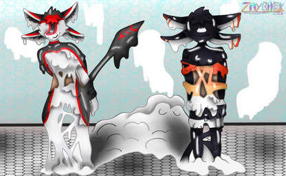 4_ears anthro bdsm black_body bondage bound clothing duo latex latex_transformation male male/male multi_ear red_body species_transformation standing tail transformation white_body gigamen neki avali avian goo_creature humanoid
