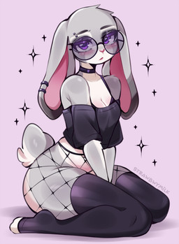alternative_fashion anthro big_butt blush breasts butt choker cleavage clothed clothing ear_piercing ears_down eyeshadow eyewear female fishnet_clothing fishnet_legwear glasses goth jewelry kneeling legwear looking_at_viewer makeup necklace piercing pivoted_ears scut_tail shirt short_tail solo tail text thick_thighs thigh_highs topwear strawbwymilk disney zootopia judy_hopps european_rabbit lagomorph leporid mammal oryctolagus rabbit artist_name hi_res