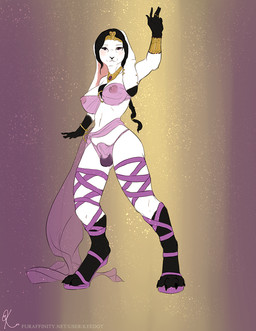 4_toes animal_genitalia anthro balls biped black_body black_fur bracelet breasts bulge circlet claws ear_piercing feet fur genitals gynomorph harem harem_outfit intersex jewelry looking_at_viewer multicolored_body multicolored_fur necklace nipples piercing purple_eyes ring sheath silk solo standing toe_claws toes two_tone_body two_tone_fur white_body white_fur keedot tiare lagomorph leporid mammal rabbit