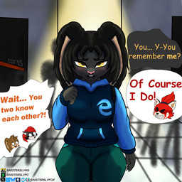 anthro biped black_body black_fur black_hair blue_clothing blue_hoodie blue_topwear blush blush_lines bottomwear clothing eyes_closed female front_view fur green_bottomwear green_clothing green_pants hair holding_bag hoodie logo_on_clothing logo_on_hoodie logo_on_topwear looking_at_viewer male pants pink_nose red_hair shy spotlight straight_hair surprised text topwear wide_hipped_anthro wide_hipped_female wide_hips yellow_eyes sinisterslyfox microsoft microsoft_edge julius_hudson_(sinisterslyfox) zhuri_holland ailurid domestic_rabbit holland_lop lagomorph leporid lop_rabbit mammal oryctolagus procyonid rabbit raccoon red_panda 1:1 2025 english_description english_text hi_res shaded soft_shading