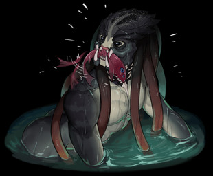 4_eyes black_background black_eyes feral fishing male mandibles multi_eye not_furry nude nude_humanoid nude_male partially_submerged pseudo_hair sharp_teeth simple_background solo teeth tentacle_hair tentacles wet wet_body leafjuly predator_(franchise) alien alien_fish alien_humanoid aquatic fish humanoid yautja absurd_res colored hi_res