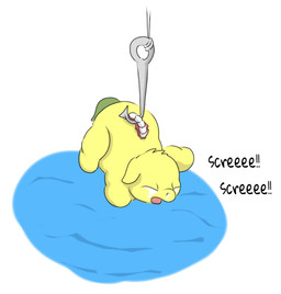 abuse ambiguous_feral ambiguous_gender bodily_fluids bone crying feral fur gore green_tail hook neonate open_mouth pain pained_expression screaming solo spine stuck suspension tail tears water wounded yellow_body yellow_fur young young_ambiguous young_feral carpdime fluffy_pony fluffy_pony_(species) mammal
