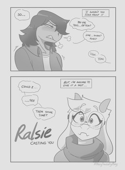 ambiguous_gender anthro blush blush_lines clothed clothing dialogue duo ellipsis eyewear glasses hair horn long_hair nervous question text averysweatyboy deltarune undertale_(series) ralsei susie_(deltarune) bovid caprine darkner goat mammal reptile scalie 2023 comic english_text hi_res monochrome female_(lore) male_(lore)