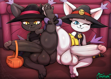 anthro balls big_balls big_penis biped black_body black_fur blue_eyes bottomless bottomless_anthro bottomless_male clothed clothed_anthro clothed_male clothing duo erection femboy fur genitals glans hanging_from_penis holidays huge_balls huge_penis humanoid_genitalia humanoid_penis looking_at_viewer male male/male male_anthro monotone_body mouth_closed one_eye_closed penis pupils raised_leg smile thick_thighs whiskers white_body white_fur yellow_eyes miso_souperstar bandai_namco digimon halloween blackgatomon digimon_(species) gatomon 2025 absurd_res digital_media_(artwork) hi_res