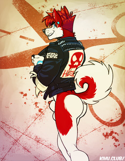 alternative_fashion animal_genitalia animal_penis anthro balls biped blue_eyes bottomless butt canine_genitalia canine_penis clothed clothing ear_piercing fur genitals hair jacket leather leather_clothing leather_jacket leather_topwear looking_back male penis piercing punk red_body red_fur red_hair sheath solo topwear kihu koifishkid canid canine canis domestic_dog husky mammal nordic_sled_dog spitz 2019