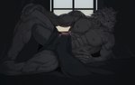 abs anthro bed_sheet bedding big_pecs biped black_sclera bulge claws facial_scar finger_claws fur grey_body grey_fur hand_on_knee hand_on_leg hand_on_own_knee hand_on_own_leg looking_at_viewer lying male male_anthro muscular muscular_anthro muscular_male nipples on_side pecs scar solo tusks eruprior elden_ring fromsoftware blaidd_(elden_ring) canid canine canis mammal wolf 2024 digital_media_(artwork) hi_res