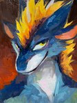 anthro athletic canvas confident hair lively mane mane_hair smile smirk vivid racoonwolf mythology teryx teryx_commodore vibrant dragon mythological_creature mythological_scalie rain_dragon scalie 3:4 hi_res portrait watercolor_(artwork)