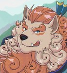 anthro beard black_nose blue_eyes eyebrows facial_hair fangs fur hair male orange_beard orange_eyebrows orange_facial_hair orange_hair solo tan_body tan_fur teeth thick_eyebrows tongue tongue_out eurobeat asian_mythology east_asian_mythology japanese_mythology mythology sdorica toyokuni canid foo_dog komainu mammal yokai absurd_res hi_res