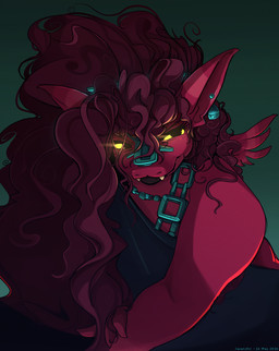 anthro black_eyes clothed clothing dress ear_piercing fangs female fingers glowing glowing_eyes hair long_hair piercing red_body red_hair solo teeth text yellow_sclera javanshir mythology mahina_(javanshir) dragon mythological_creature mythological_scalie scalie 2026 artist_name dated hi_res