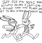 anthro black_and_white clothed clothing dialogue disney duo english_text female fully_clothed fur gun half-closed_eyes jack_savage judy_hopps lagomorph leporid long_ears male mammal monochrome narrowed_eyes necktie rabbit ranged_weapon running simple_background text the_weaver unimpressed weapon wide_eyed yelling zootopia