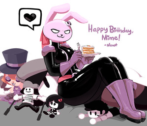 anthro birthday black_bodysuit black_clothing black_skinsuit bodysuit boots cake_slice clothing cutlery female footwear fork gloves handwear heart_bubble kitchen_utensils latex latex_boots latex_clothing latex_footwear latex_gloves latex_handwear latex_skinsuit pink_body plushie shoes skinsuit solo speech_bubble tight_clothing tools zipper newtype_hero rabbit_bomb lagomorph mammal