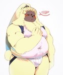 anthro belly blush bulge clothing embarrassed fur jockstrap long_ears male musclegut muscular navel overweight overweight_male pecs ponytail_ears slicked_back_hair solo underwear yellow_body yellow_fur monochrome_kg bandai_namco digimon digimon_ghost_game angoramon digimon_(species) lagomorph leporid mammal rabbit hi_res