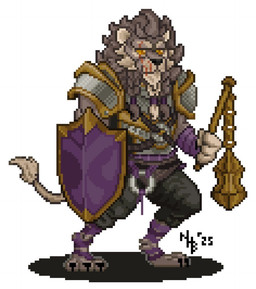 anthro armor barefoot beard braided_beard claws facial_hair facial_scar feet flail male melee_weapon scar shield solo toe_claws weapon bergni01 critical_role dungeons_and_dragons hasbro magic:_the_gathering wizards_of_the_coast teor_pridesire leonin digital_media_(artwork) pixel_(artwork)