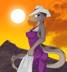 anthro areola breasts brown_markings butt clothed clothing cloud cowboy_hat desert female hat headgear headwear looking_at_viewer markings non-mammal_breasts outside overalls overalls_only purple_clothing purple_overalls scales sky smile solo sun tail tan_body tan_scales tan_skin towel yellow_eyes yellow_sky justathereptile dyma_(justathereptile) pit_viper rattlesnake reptile scalie snake viper 2012 digital_media_(artwork) watermark