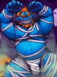 amane_charlie anthro belly blue_body bulge demon grin hair halloween hi_res holidays kings_of_hell male mummy_costume mummy_wrappings musclegut muscular navel nipples pecs red_hair smile solo tusks yama_(kings_of_hell)