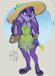 2020 anthro big_ears blue_eyes clothed clothing digital_media_(artwork) dress female footwear fully_clothed fur garcelle_(reign-2004) hat headgear headwear lagomorph leporid mammal paws purple_body purple_fur purse rabbit reign-2004 sandals simple_background smile solo standing translucent translucent_clothing whiskers