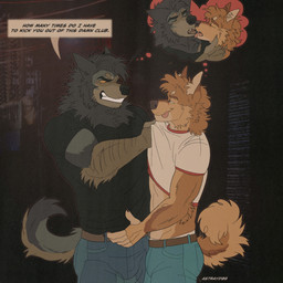 anthro clothed clothing duo kissing making_out male male/male raised_clothing raised_shirt raised_topwear shirt shirt_grab speech_bubble tail text topwear astrayd0g mythology doggone_(astrayd0g) michael_(astrayd0g) canid canine canis domestic_dog mammal mythological_canine mythological_creature spitz werecanid werecanine werecreature werewolf 1:1 english_text hi_res