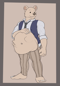 abdominal_bulge accessory anthro belly big_belly clothing fur hand_on_belly male male_pred navel necktie same_size_vore shirt solo tan_body tan_fur topwear vest vore rokie38 beastars riz_(beastars) bear mammal absurd_res hi_res