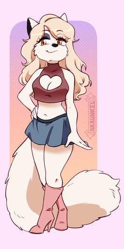 anthro biped blonde_hair boots bottomwear breasts brown_eyes clothed clothed_anthro clothed_female clothing cutout eyeshadow female female_anthro footwear front_view fur hair high_heeled_boots high_heels long_hair looking_at_viewer makeup midriff miniskirt pose shadow shirt shoes skirt smile smiling_at_viewer solo standing tail text topwear white_body white_fur yellow_eyes akaunkel barkpark_girls selene_(barkpark_girls) canid canine canis mammal wolf 1:2 hi_res signature